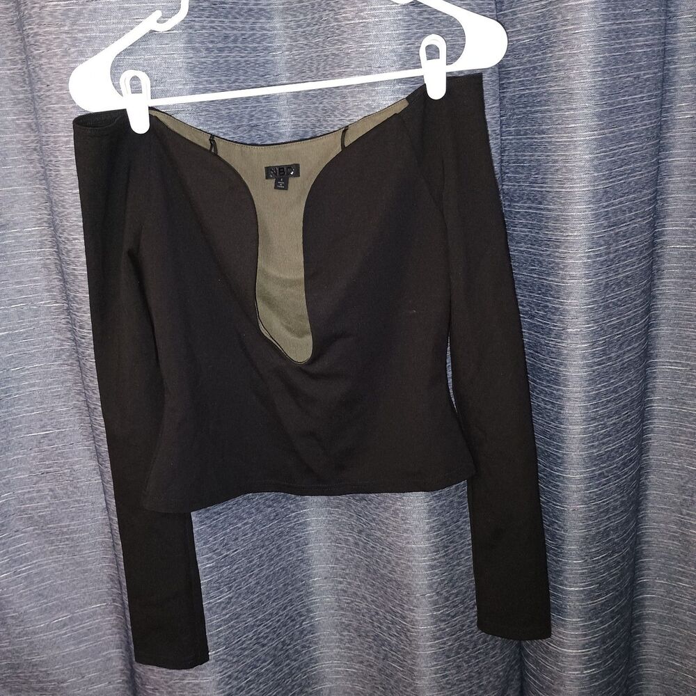 NEO Knit Cropped Blouse Deep V Neck Black Long Sleeve S Women